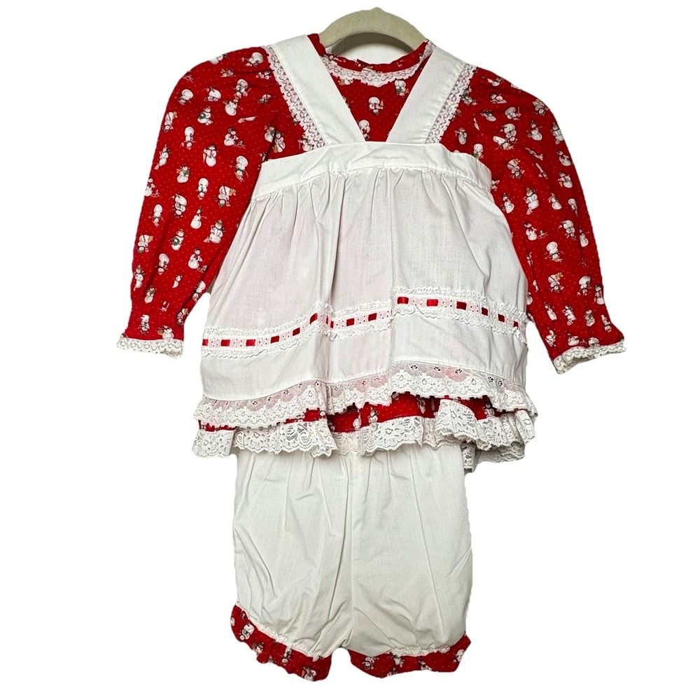 VTG Girls Dress‎ Snowmen Frilly Ruffles Apron Top Tie Around Back Bloomers 2T 3T